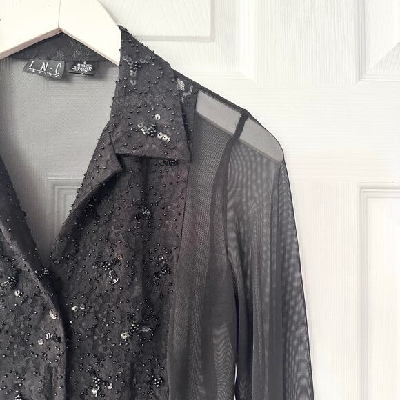 INC Petites Vintage Black Mesh Lace Sequin Trim Collared Buttondown Blouse Small - Picture 5 of 8